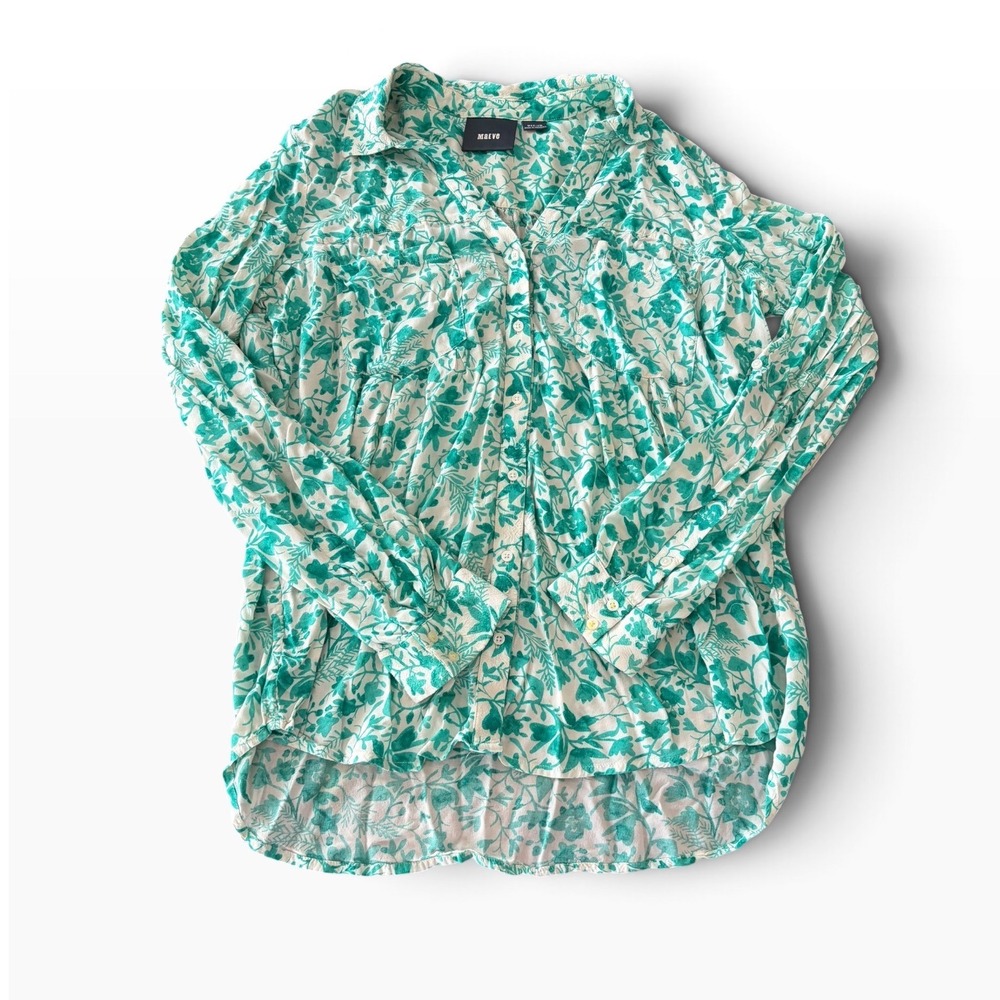 Maeve Anthropologie Teal White Floral Button Down Blouse Rayon Top Medium